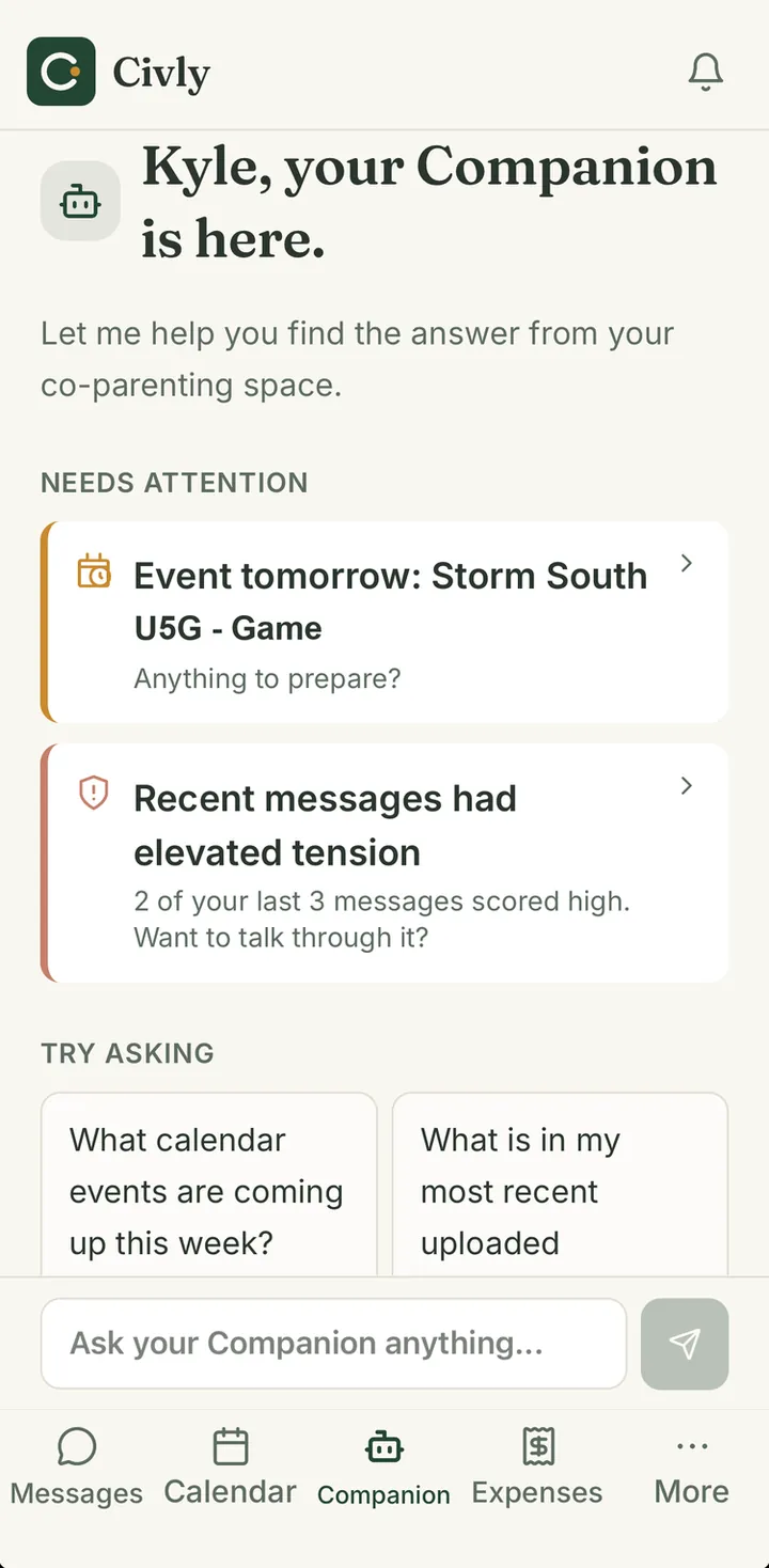 Civly Companion screen flagging today's practice and message tension