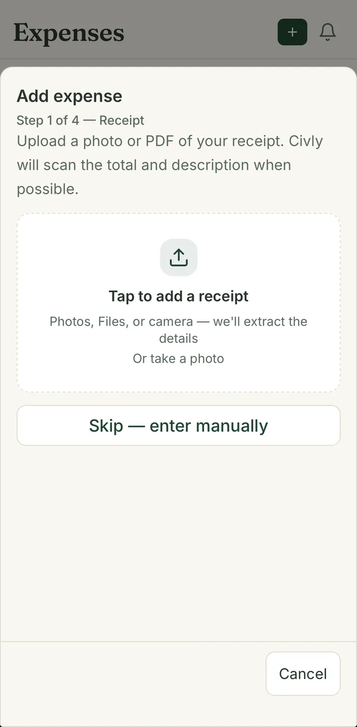 Civly add-expense screen scanning a receipt photo or PDF