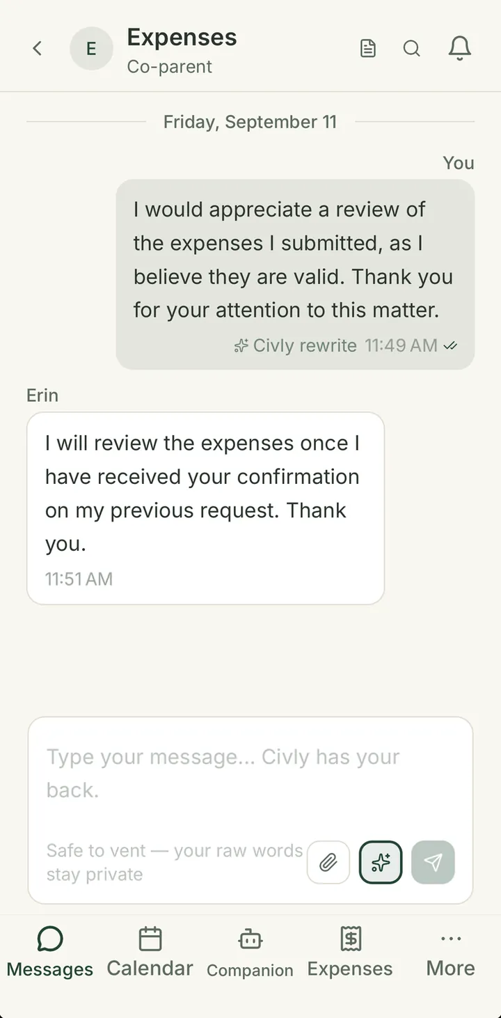 Civly messages thread with a calm message labeled Civly Rewrite